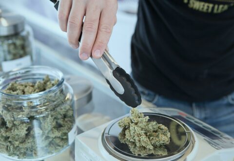Hands weighing out cannabis on scale in dispensary, professional broker, jars of weed, marijuana